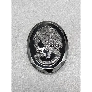 Vintage Black Amethyst Glass Cameo Brooch, Czech Glass, Marked, Great Condition - Picture 1 of 4
