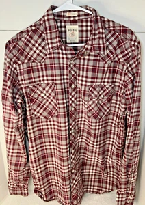 FOSSIL 54 VINTAGE FIT Maroon/white plaid Western Pearl Snap mens XL Shirt - Picture 1 of 8