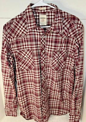 OSSIL 54 ВИНТАЖНЫЙ FIT темно-бордовый/белый клетку Western Pearl Snap мужская рубашка XL - Изображение 1 из 4