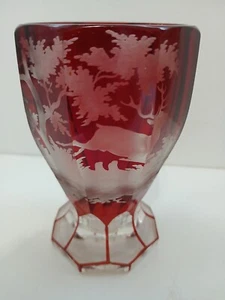 Rare Antique Cut To Clear Ruby Red Etched Glass Chalice Bohemian Czech - Picture 1 of 24