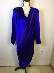 Joy Stevens Vintage Dress Size 12 Womans Blue Satin Double Cowl Neck Embellished - Picture 1 of 17