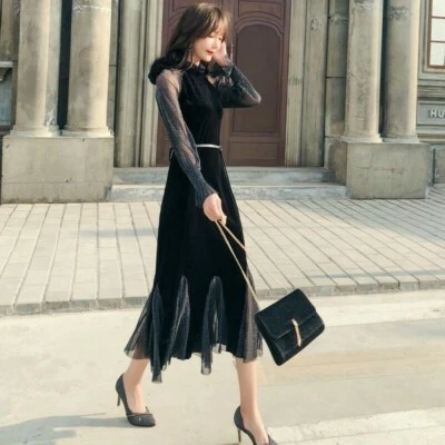 Retro Ladies Velvet Fishtail Dress Belt High Waist Frilly Midi Gothic Black SPW - Image 1 of 4