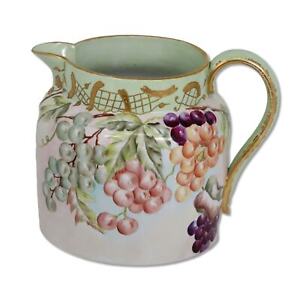 Staffordshire Pitcher Jug 7" H Hand Painted Grapes Gold Accents Antique C. 1900