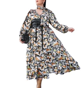 Womens Size 24 UK Satin Floral Aline Maxi Dress Belted Balloon Sleeves New 4XL - Picture 1 of 7