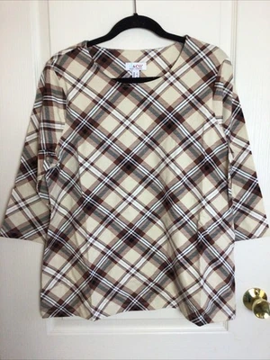 Denim And Co. Top elástico verde crema marrón manga 3/4 a cuadros mezcla de algodón L Foto 1 de 4