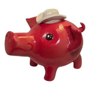 Handmade Ceramic Arkansas Razorback Hog Red Cowboy Hat Animal Pottery - Picture 1 of 13