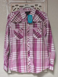 Cowgirl Hardware Pink Plaid Pearl Snap LS Shirt Women's Medium Embroidered - Picture 1 of 8