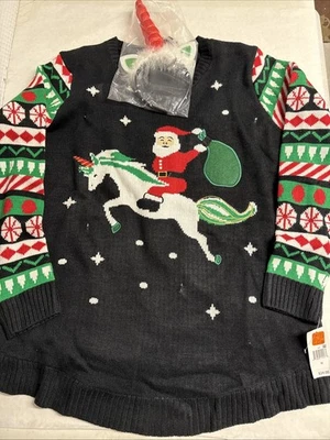 ¡Ilumina! Suéter Feo NAVIDAD Papá Noel Montar Unicornio y Diadema 3XL Nuevo Foto 1 de 4