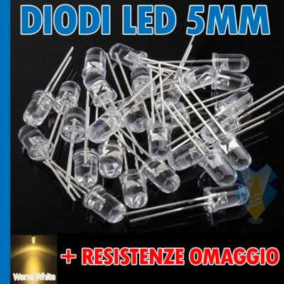 100 DIODI LED 5 mm ALTA LUMINOSITA' BIANCO CALDO + RESISTENZE MODELLISMO PRESEPE - Immagine 1 di 3