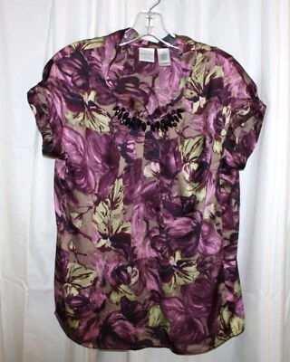 Emma James® Lavender Floral Cap Sleeve Blouse w/Black Bead Accents - Size PM - Image 1 of 4
