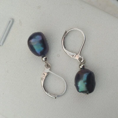 Dainty Real South Sea Peacock Black Natural Baroque Pearl Earrings 14K Gold P - Image 1 of 4