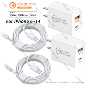 For iPhone 14 13 12 11 X 8 QC 3.0 PD 20W Power Adapter Fast Charger USB C Cable - Picture 1 of 18