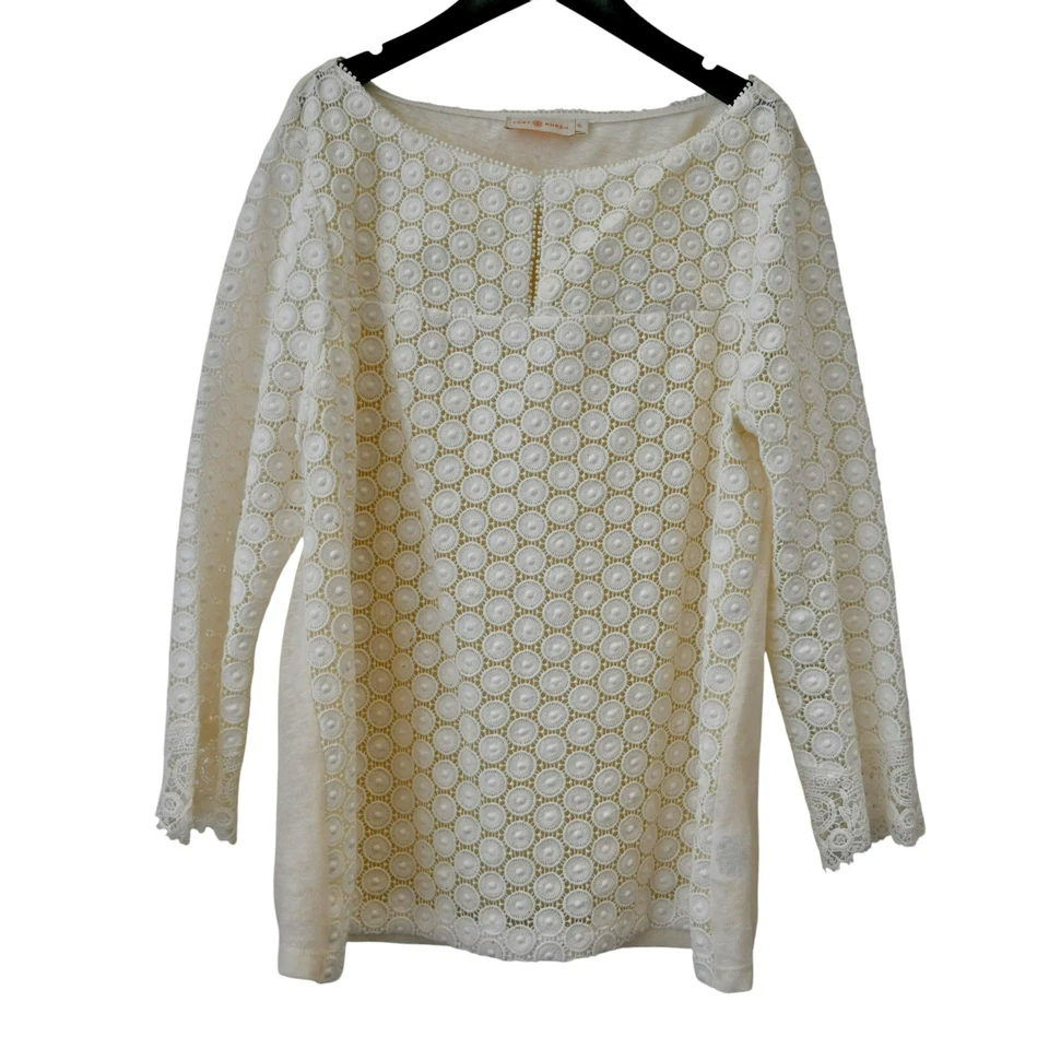 Tory Burch Elie Embroidered Eyelet Top XL Cream Crochet Cotton Linen 3/4 Sleeve - Image 1 of 4