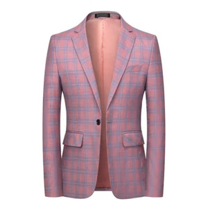 Mens Check Suit Jacket Dress Blazer Coat Notch Lapel One Button Slim Coat Party - Picture 1 of 14