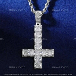 3 CT Princess Lab-Created Diamond Upside Down Cross Pendant 925 Sterling Silver - Picture 1 of 5