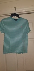 YOUTH BOYS RALPH LAUREN POLO V NECK T SHIRT HORSE LOGO TEAL WHITE LARGE 14-16 - Picture 1 of 2