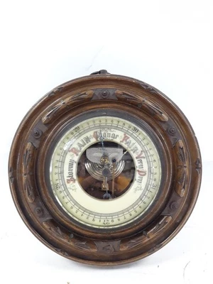 Antique Aneroid Barometer in Carved Wood Frame Weather Station Decor - Image 1 of 4