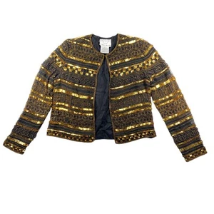 Papell Boutique Evening 1996 : Vintage Gold Sequin Beaded Black Silk Jacket : S - Foto 1 di 19