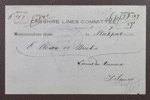 1896 Comité de Líneas de Cheshire Estación Northwich a Estación Stockport Memo - Imagen 1 de 1