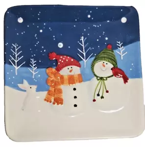 St Nicholas Square Snow Days Square 9” Platter Snowmen Bunny - Picture 1 of 5
