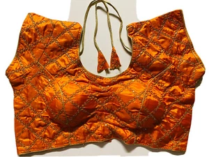 NEW Readymade Designer Sari Blouse Orange brocade NECK DORI large XL 44" USA - Picture 1 of 10