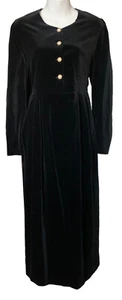 Vtg 80s Laura Ashley Pleated Black Velvet Dress 14 Pockets Button front - Picture 1 of 6