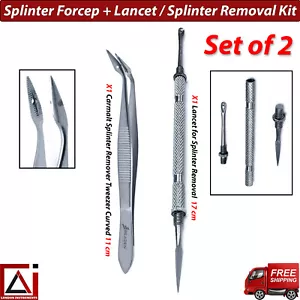 Carmalt Splinter Forcep Tweezer Curved and Lancet Splinter Removal Kit Set of 2 - Picture 1 of 6