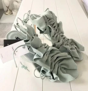 Zara Leather Suede Ruffled Heel Sandals Sea Green UK4 BNWT RRP £69.99 LAST PAIR - Picture 1 of 10