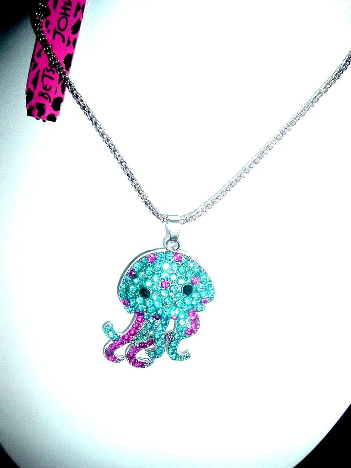 Colar Betsey Johnson Mix Pavê Cristal Azul + Strass Rosa Água-viva Novo com etiquetas - Imagem 1 de 4