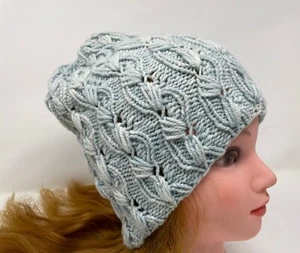 Women Hat Soft Beanie Hand Knit 100 % Merino Wool Blue color Warm Beret Gift - Picture 1 of 9