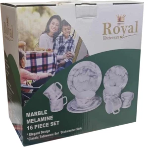 ROYAL KITCHENWARE MARBLE 16 PIECE MELAMINE PLATE BOWL CUP CAMPING CARAVAN PARTS - Picture 1 of 1