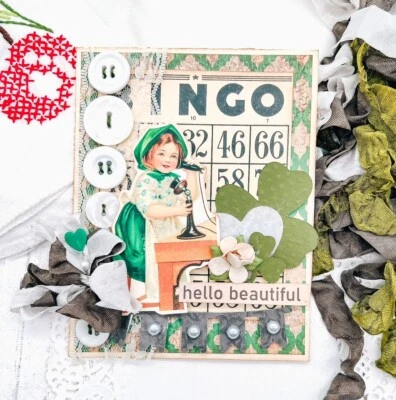 Handmade Vintage Retro HELLO BEAUTIFUL Patrick's Day Collage Greeting Card - Image 1 of 2