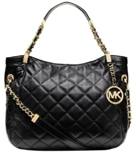 🌞MICHAEL KORS SUSANNAH BLACK QUILT LEATHER GOLD LOGO MEDIUM SHOULDER BAG🌺NWT! - Picture 1 of 18