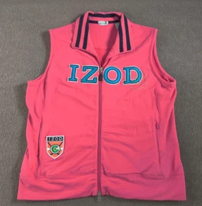 Izod Womens C-Flex Full Zip Sleeveless Sweater Vest L Pink Embroidered Spell Out - Picture 1 of 10