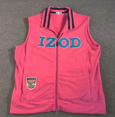 Izod Womens C-Flex Full Zip Sleeveless Sweater Vest L Pink Embroidered Spell Out - Image 1 of 4