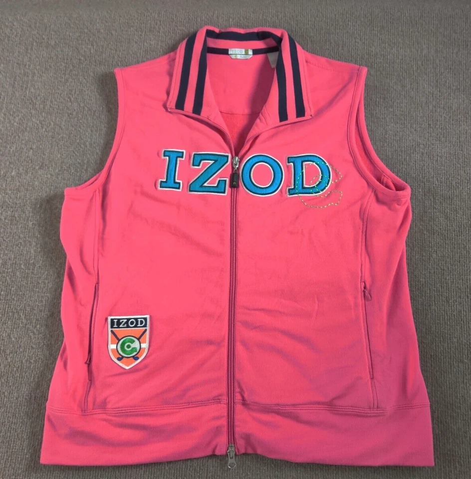 Izod Womens C-Flex Full Zip Sleeveless Sweater Vest L Pink Embroidered Spell Out - Image 1 of 4