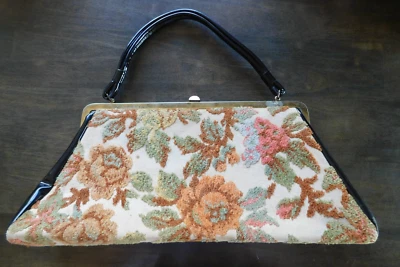 Bolso Alfombra Floral Vintage Tapiz Bolso de Mano Tostado, Negro Vinilo Mango Cierre a Presión Foto 1 de 4