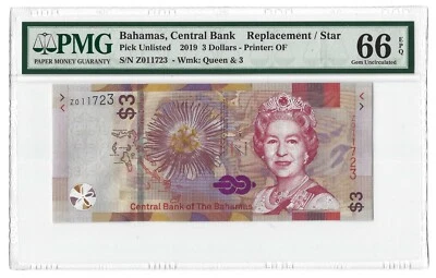 BAHAMAS $3 Dollars 2019, Z-Prefix Replacement, PMG 66 EPQ GEM UNC - Image 1 of 2