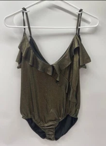 Ayanapa Women bronze Metallic Bodysuit. Size 12 Ruffle Preown - Picture 1 of 4