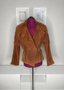 Vintage Avanti Jacket Women's Medium Suede Brown Fringe Bohemian Lined Button - Picture 1 of 8