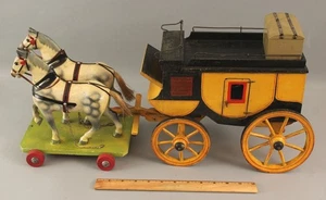 Antique German Folk Art Carved & Painted Wood Horses & Stagecoach Wagon Pull Toy - Picture 1 of 12