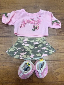 Build-A-Bear Pink “Angel” Top Camo Skirt & Pink Sketchers Shoes Outfit Set - Picture 1 of 11