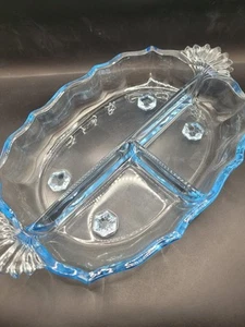 Vtg Fostoria BAROQUE BLUE Heavy Glass Divided Relish Serving Dish 1930s-1940s - Picture 1 of 8