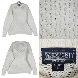 Maglione Lands End Uomo Taglia Large L Pullover Maglia Cavo Bianco Cotone - Foto 1 di 8