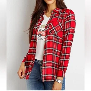 Women's Maurices Metallic Red Plaid Button Down Tunic Shirt plus size 1x - Picture 1 of 9