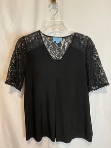 CeCe Black Top Silky Lace Yoke & Short Sleeves Sz S V Neck Pleat Front Pullover - Picture 1 of 21