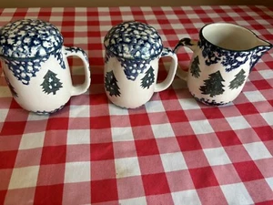 Tienshan Cabin In The Snow Folk Craft Spongeware Salt &Pepper/ Creamer Holiday - Picture 1 of 6