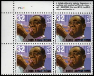 Scott#: 2984 - American Music Issue/Louis Armstrong 4x32¢ Plate Block of 4 MNHOG - Picture 1 of 1