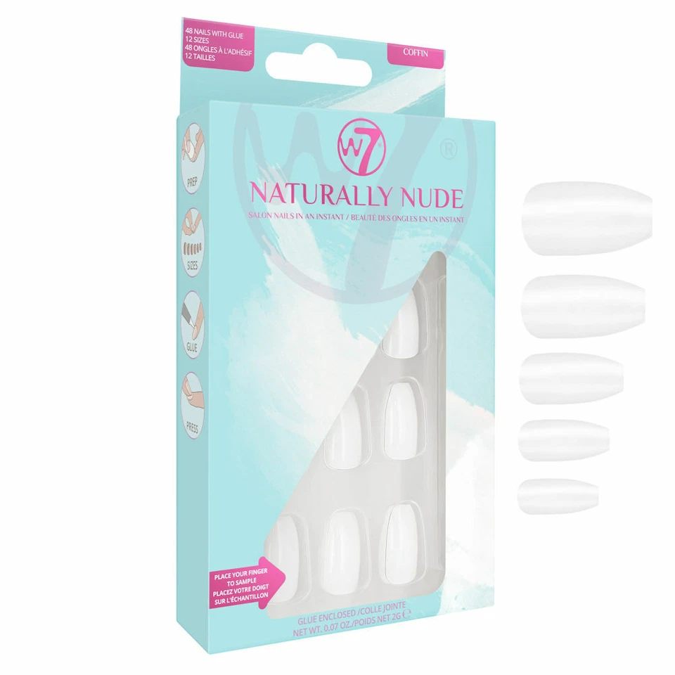 W7 Cosmetics Naturally Nude Nails - Coffin White Long False Fake Strong Glue - Image 1 of 1