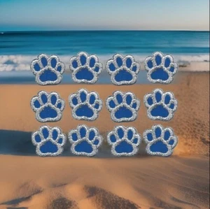 Metallic Silver Blue Paw Patch Tiny Embroidered Iron on Sew on Lot of 12 - Picture 1 of 2